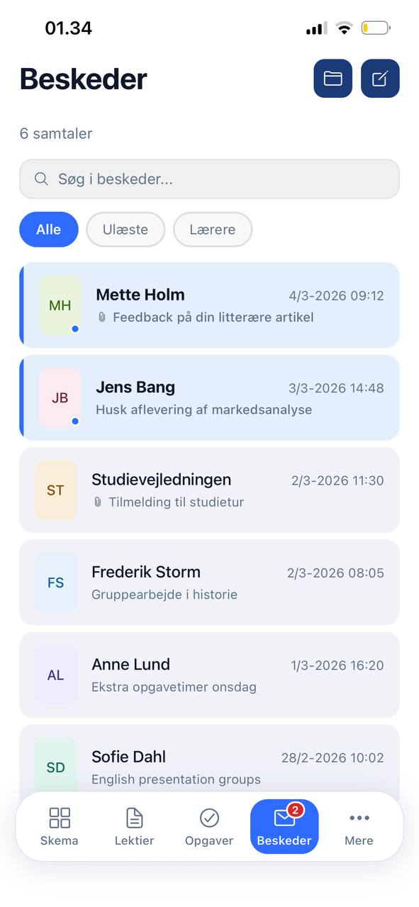 LectioGo beskeder-skærm med samtaler