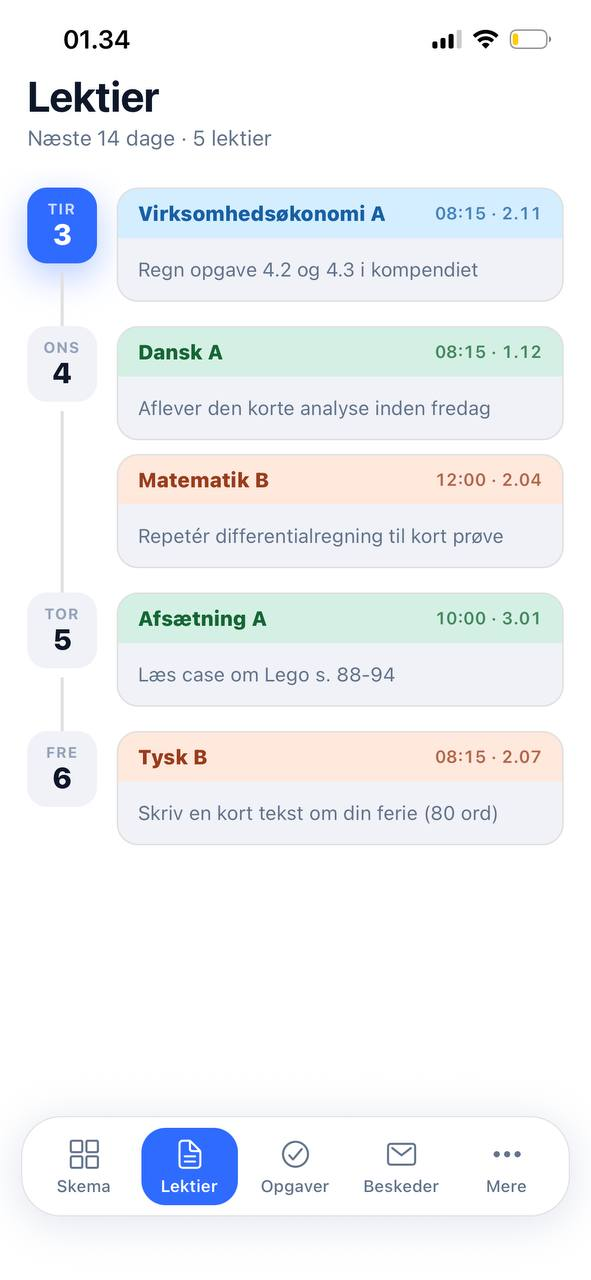 LectioGo lektier-skærm med ugens lektier