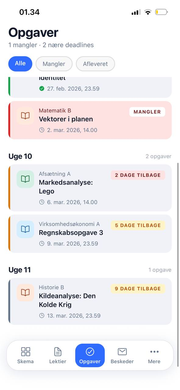 LectioGo opgaver-skærm med deadlines og status