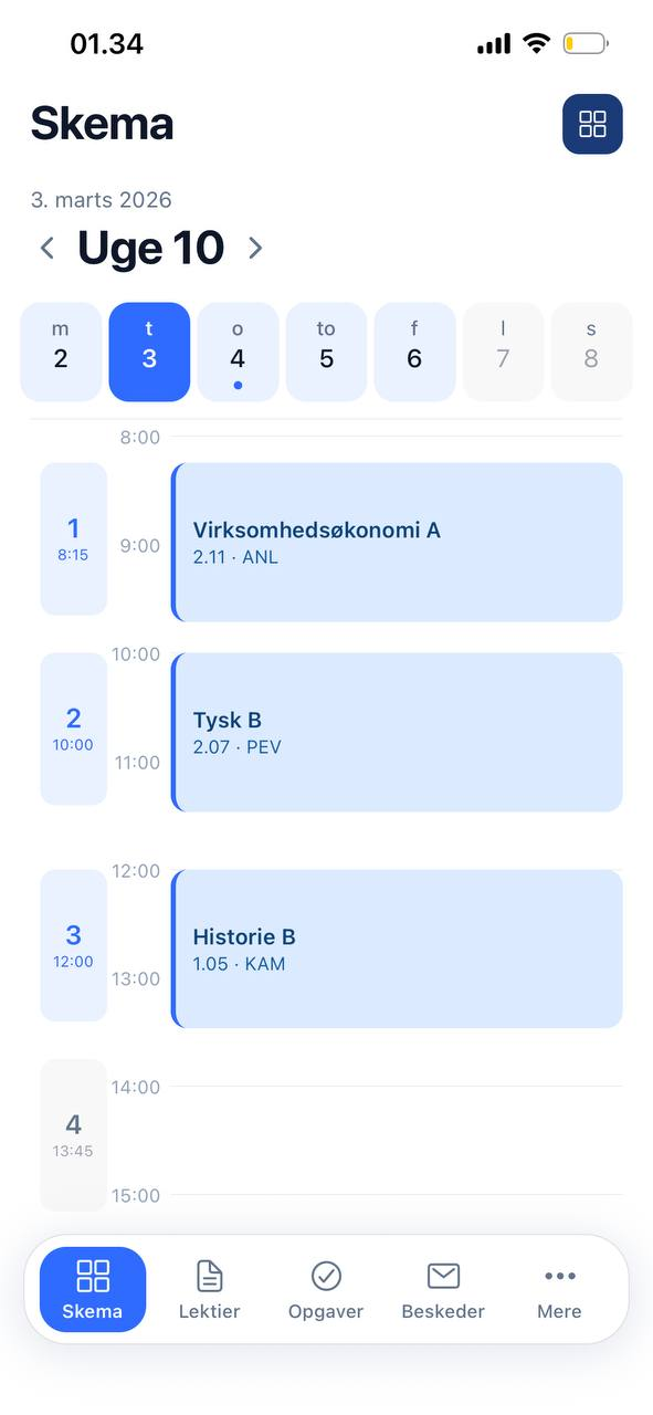 LectioGo skema-skærm med ugens lektioner og tider